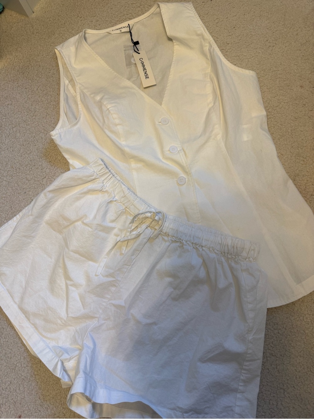 Commense Ivory Drawstring Shorts Set – Sleeveless Button Top & Shorts